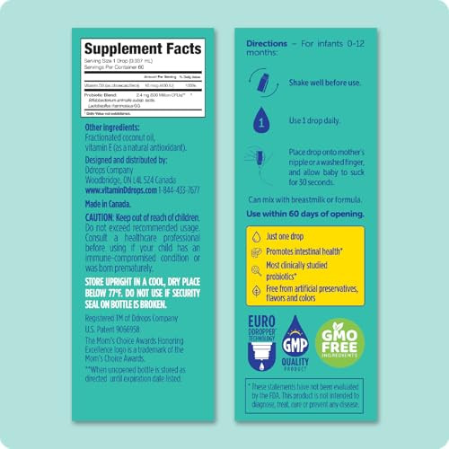 Ddrops Baby Probiotic With Vitamin D 60 Drops - Colic Symptom Relief For Newborns And Infants - Easy-To-Use Just One Drop Daily No Sugar Non-Gmo Allergy-Friendy