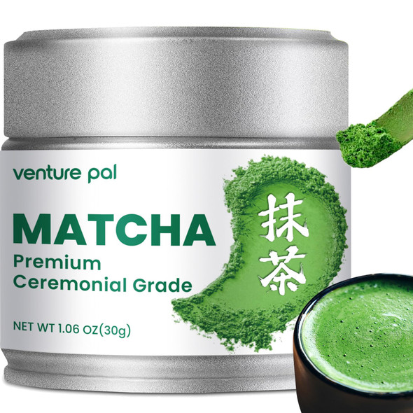 Venture Pal Superior Ceremonial Grade Matcha Powder 100% Pure First Harvest Matcha Powder Shade Grown Green Tea Vegan Gluten-Free No Additives Unsweetened (30G/1.06Oz Tin)