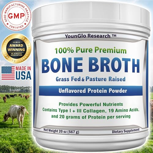 Younglo Research Bone Broth Beef Protein Powder - 1.25 Lb / 20 Oz Unflavored - Made In Usa - High Collagen & Gelatin From Grass Fed Bovine - Nutritious Marrow Benefits - Soups Paleo & Keto Diets