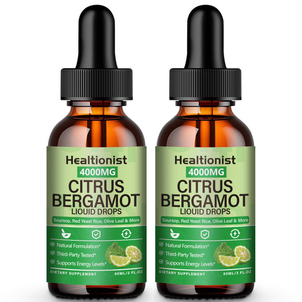 Healtionist 2 Packs 4000Mg Citrus Bergamot Liquid Drops - Cholesterol Lowering Supplement For Immune Support Anti-Aging Hight Cholesterol - Soursop Bitters Liquid High Absorption 4 Fl Oz