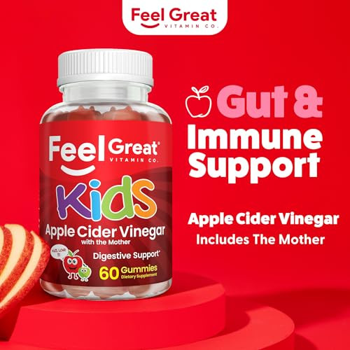 The Feel Great Vitamin Company Feel Great Apple Cider Vinegar Gummies For Kids | Rich In Digestive Enzymes & Natural Antioxidants For Gut Health | Vegan Gummy Supports Healthy Nutrient Absorption 60 Day Supply