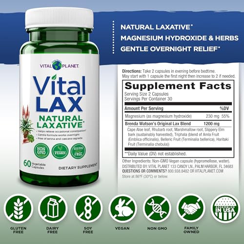 Vital Planet - Vital Lax Natural Laxative Cleanse Supplement For Occasional Constipation With Magnesium Hydroxide Slippery Elm Aloe And Triphala To Support Bowel Regularity 60 Capsules