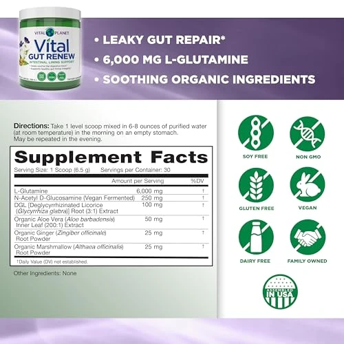 Vital Planet - Vital Gut Renew Powder Supplement For Leaky Gut Repair With L-Glutamine Marshmallow And Ginger Root Dgl Licorice Root And Organic Aloe Vera L Glutamine 6000Mg 6.88 Oz