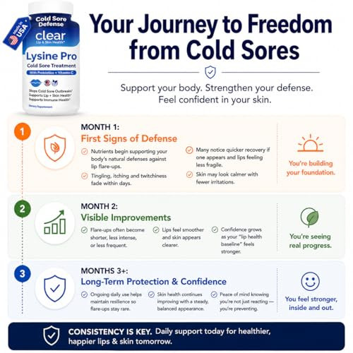 Clear Probiotics Lysine Cold Sore Treatment For Lips With Pre-Probiotics & Vit C | 1 Month Supply | Supercharged Lysine Capsules With Rhamnosus & Acidophilus For Cold Sores Relief Skin + Gut Health & Immune Support