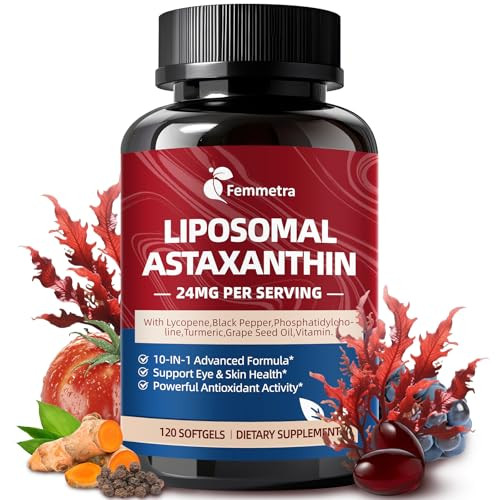 Femmetra Liposomal Astaxanthin Supplements 24Mg With Lycopene For Eye Skin & Immune Health 10-In-1 Max Strength Astaxanthin Antioxidant Supplement Fresh Microalgae Source Non-Gmo 120 Softgels