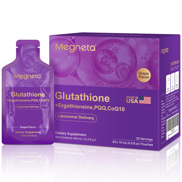 Megneta Liposomal Glutathione Supplement 500Mg Glutathione With Pqq Coq10 & Vitamin C High Absorption Antioxidant For Immune & Energy Support Grape Flavor 30 Pouch