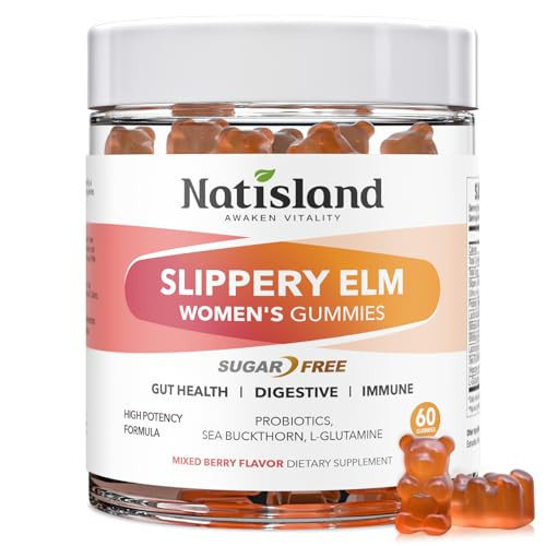 Natisland Slippery Elm For Women Gummies Organic Slippery Elm Bark Extract With Probiotics Sea Buckthorn L-Glutamine For Gut & Digestive Health Throat & Respiratory Support Sugar Free Vegan 60 Gummies