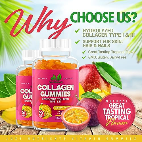 Just Nutrients Collagen Gummies For Women & Men (90 Count) - Premium Hydrolyzed Collagen Type I & Iii For Hair Skin & Nails Support - Great Tasting Tropical Flavor Gluten-Free Non-Gmo - 90 Gummies (45 Servings)