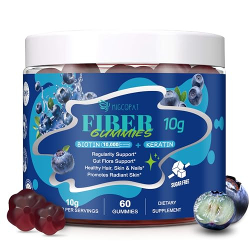 Migcopat 10G Fiber Gummies With Biotin Collagen Peptides Keratin Vitamin C E - Fiber Supplements With 30 Billion Cfu Probiotics Inulin Acv For Digestive Health & Skin Hair & Nails 60 Cts