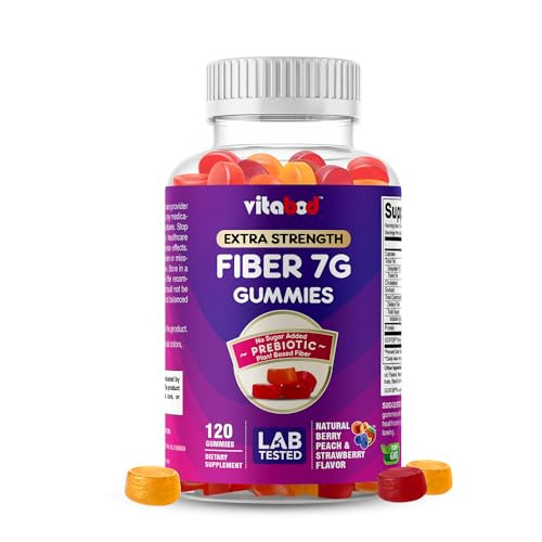 Vitabod Fiber Gummies 7G Per Serving For Digestive Health & Regularity Prebiotic Gofos Plant-Based Fiber No Sugar Added Vegan Berry Peach Strawberry 120 Gummies (Adults Women & Men)