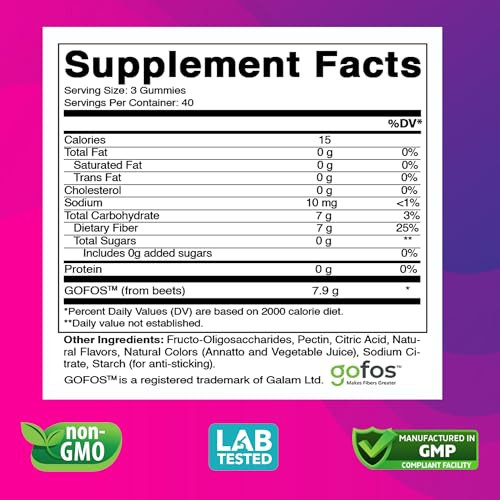 Vitabod Fiber Gummies 7G Per Serving For Digestive Health & Regularity Prebiotic Gofos Plant-Based Fiber No Sugar Added Vegan Berry Peach Strawberry 120 Gummies (Adults Women & Men)