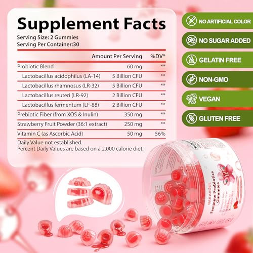 Bakakoul Feminine Balance Gummies For WomenVaginal Probiotics Supports Ph Balance Digestive HealthVeganGluten-Free Strawberry Flavor With Filled60 Gummies