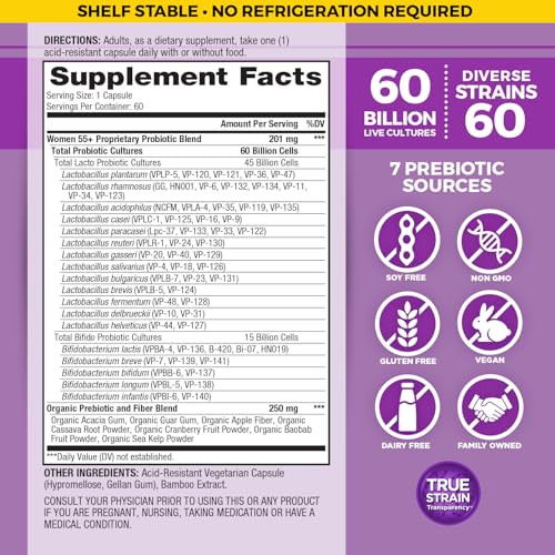 Vital Planet - Vital Flora Probiotics For Women Over 55 Daily Shelf Stable Probiotic 60 Billion Cfu 60 Diverse Strains 7 Organic Prebiotics Immune Support And Digestive Health 60 Capsules