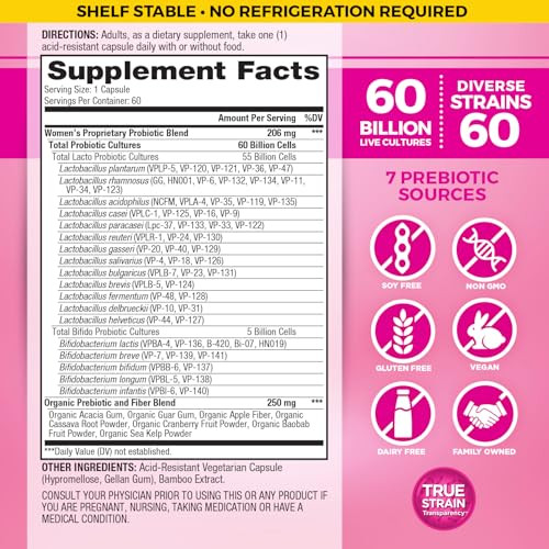 Vital Planet - Vital Flora Women S Daily Probiotic 60 Billion Cfu 60 Diverse Strains 7 Organic Prebiotics Vaginal And Immune Support Bloating Digestive Health Probiotics For Women 30 Capsules