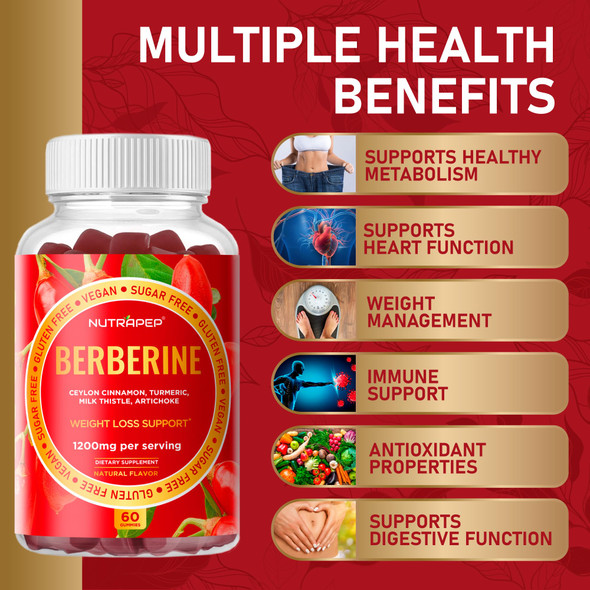 Nutrapep Premium Berberine Hcl Weight Loss Support Gummies - 1200 Mg Berberine Hcl With Ceylon Cinnamon Turmeric Milk Thistle Artichoke For Metabolism Appetite Support - Sugar Free Gluten Free