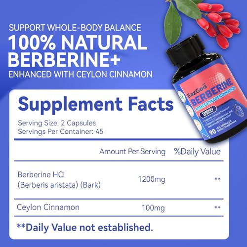 Eazgoo Premium Berberine Supplement 1200Mg With Ceylon Cinnamon - 90 Vegan Capsules - Berberine Hcl Supplement Gluten Free Immune Support