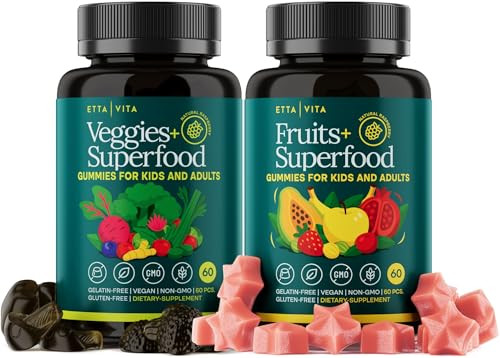 Etta Vita (120 Chews) Fruits And Veggies Supplement - Super Greens Gummies (9 Superfruits & 30 Veggies) Mushrooms Fruit And Vegetable Vitamins Non-Gmo Pectin-Based Gluten-Free No Capsules