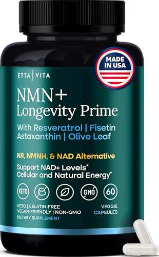 Etta Vita Nmn Supplement (5-In-1) Nad+ Booster With Resveratrol - Cellular Energy Focus & Healthy Aging Support For Men And Women - Mitochondria Formula W Fisetin Astaxanthin Olive Leaf Vegan Made In Usa