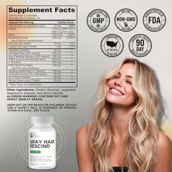 Dr Vitamin Solutions Gray Hair Rescind With Catalase - Antiaging Hair Skin And Nails Vitamins Pantothenic Acid Folic Acid 400Mcg Biotin 300Mcg Saw Palmetto For Men And Women
