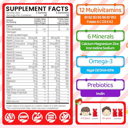 Natisland Iron Gummies For Kids & Teens Kids Multivitamin With Iron Supplement Vitamin B Complex A C D3 Calcium Zinc Dha Prebiotic Blood Builder & Energy Support For Iron Deficiency Vegan 60 Ct