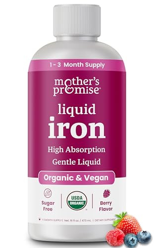 Mother'S Promise Organic Liquid Iron Supplement For Women Men & Kids With Vitamin C | Sugar Free Natural Berry Flavor Non Constipating Vegan Ferrochel Iron Supplements For Healthy Blood Prenatal & Postnatal