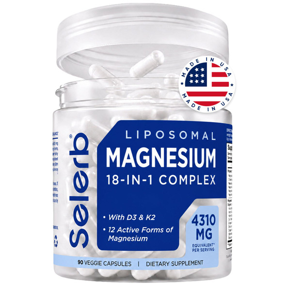 Selerb 18 In 1 Magnesium Complex For Women And Men Liposomal Magnesium Supplement With Glycinate Citrate Malate Taurate D3 and K2 High Absorption For Muscle Sleep Bone Nerve Support 90 Capsules