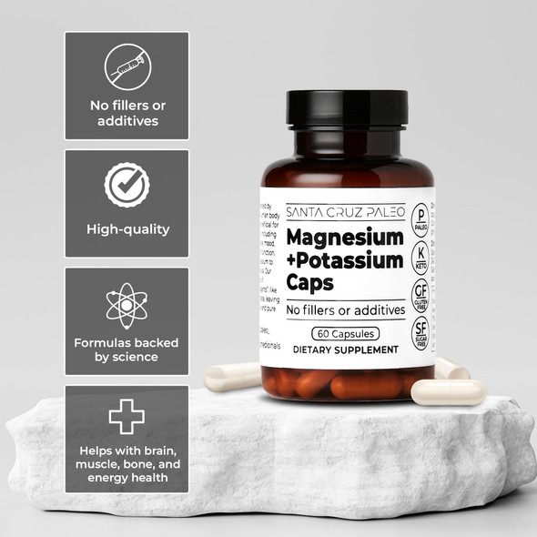 Santa Cruz Paleo Magnesium + Potassium Caps Supplement For Men And Women Paleo Keto Sugar & Gluten Free Magnesium Glycinate 166Mg And Potassium Citrate 38Mg Per Serving American Made 60 Caps