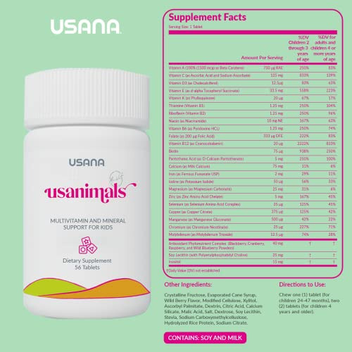 Usana Usanimals Multivitamin For Kids - Daily Chewable Tablets With Vitamins A C D E B6 B12 Zinc Iron - Supports Immune Bone & Brain Health - Essential Nutrients For Ages 2-12 56 Tablets