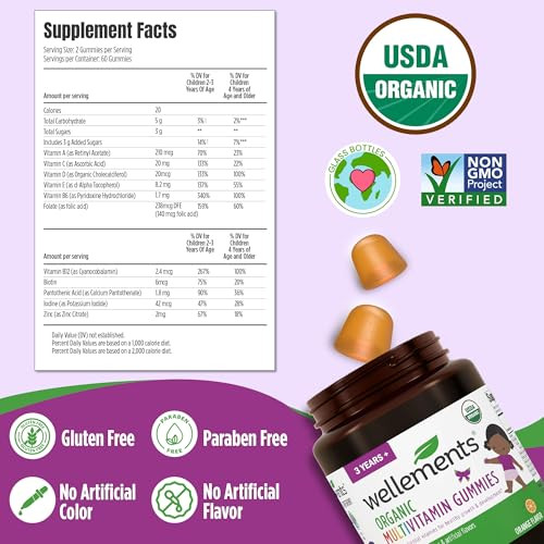 Wellements Usda Organic Kids Multivitamin Gummies 60 Ct (3+ Years) | Essential Kids Vitamins A B C D E & Zinc | Supports Healthy Growth & Development* | Non-Gmo No Gluten & No Artificial Colors