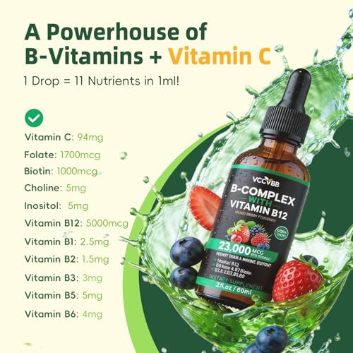 Vccvbb Vitamin B Complex Drops Active B12 Methylcobalamin 5000Mcg B6 B1 B2 B5 B7 B3 Folate With Vitamin C B12 Sublingual Liquid Fast Absorption | Boost Energy Focus & Immunity Vegan 60 Servings