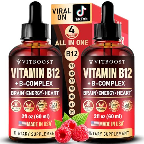 Vitboost Vegan Vitamin B12 With B Complex 20 Mg- Extra Strength For Men And Women- Raspberry Liquid Drops| Usa Made B1 B2 B3 B5B6 Biotin Folic Acid & B12 Sublingual Methylcobalamin 4 Months Supply