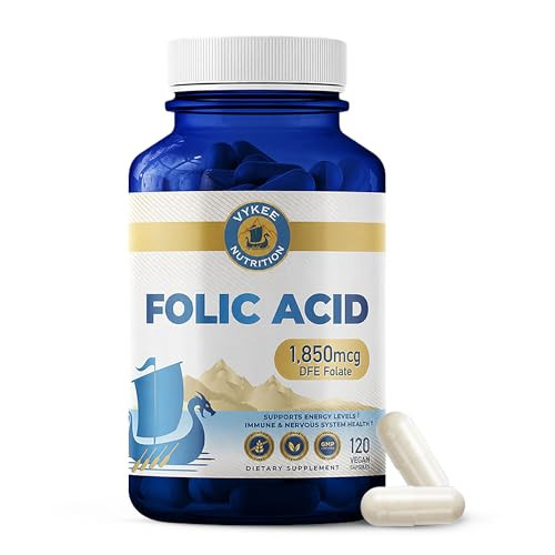 Vykee Nutrition Folic Acid Capsules - Supports Body Processes Prenatal Health And Energy - Vitamin B9 Supplement For Women - Vegan Non-Gmo Gluten Free - 1850 Mcg Dfe 120 Count