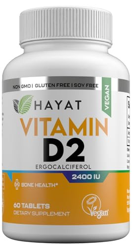 Hayat Vitamins Vegan Vitamin D2 2400 Iu (60 Mcg) Dietary Supplement For Bone Teeth Muscle And Immune Health Support 2 Month Supply All Natural Certified Halal 60 Tablets Made In The Usa