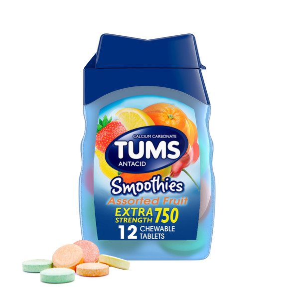 TUMS Smoothies Extra Strength Antacid Chewable Tablets for Heartburn Relief Assorted Fruit - 12 Count