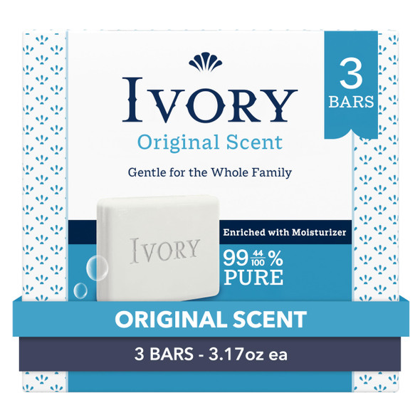 Ivory Gentle Bar Soap Designed for Whole Family 99.44% Pure Formula Plant-Based Cleanser Made Without Heavy Perfumes Parabens & Phthalates For All Skin Types Original Scent 3.17 oz (3 Count)