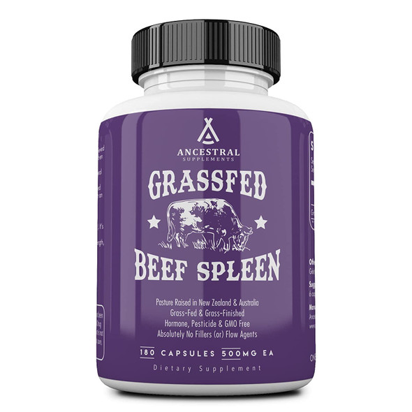 Ancestral Supplements Grass Fed Beef Spleen, Hormone, Pesticide & GMO Free, Absolutely No Fillers (or) Flow Agents, 500 MG Each Capsule, 180 Capsules