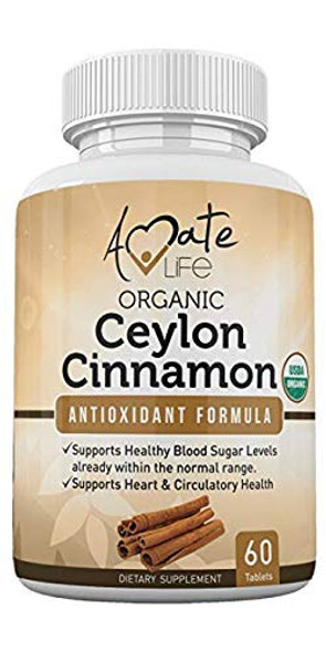 Ceylon Cinnamon USDA Organic Certified 1000mg Antioxidant Neuro-Protective Nutritional Supplement Cardiovascular Natural Non-GMO Cholesterol Glucose Control for Men and Women 60 Tablets by Amate Life