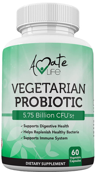 Vegetarian Probiotic Nutritional Supplement 5.75 Billion CFU for Men and Women Digestive Health, Gut & Immune System Support, Helps with Bloating & Gas Made in USA 60 Vegetable Capsules by Amate Life