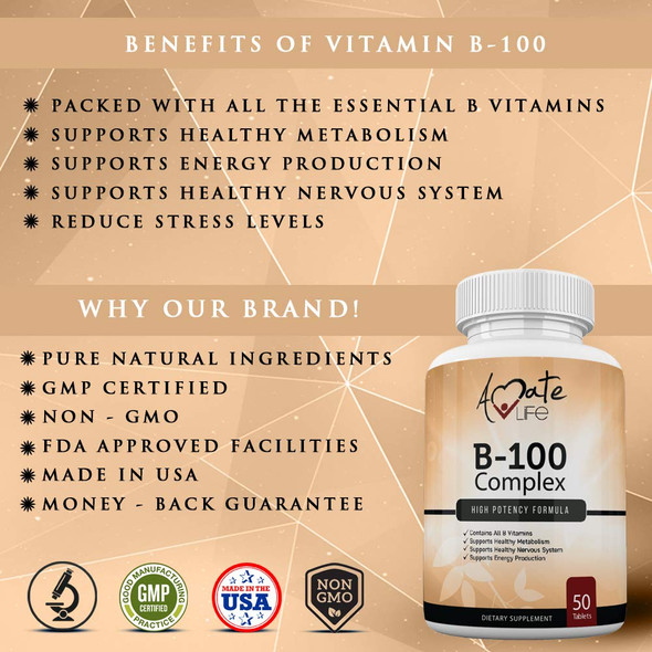 Vitamin B Complex High Potency -Vitamin B12, B1, B2, B3, B5, B6, B7 Biotin Supplement Supports Healthy Metabolism, Immune Support & Energy Production- Made In Usa - 50 Tablets By Amate Life