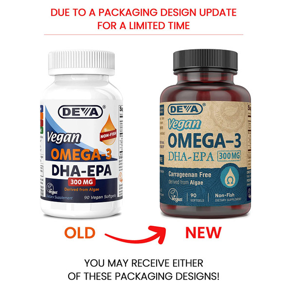 Deva Vegan Omega-3 DHA EPA Supplement Once-Per-Day Softgel 300 MG - Carrageenan Gelatin & Gluten Free - Non-Fish Algae Oil Fatty Acids - 90 Softgels