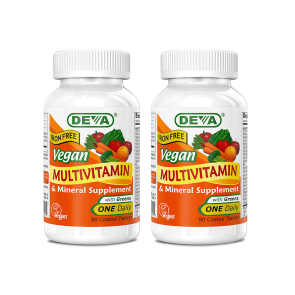 Deva Vegan Multivitamin and Mineral Supplement - One Daily Vitamin Formula with Greens - Iron Free - 90 Coated Tablets, 2-Pack