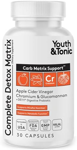 Youth & Tonic Balanced Detox Pills as Complete Gut Cleanse & Carb Matrix Support with ACV Glucomannan Chromium for Body Detoxing & Digestive Health Supplement for Men & Women Third-Party Tested