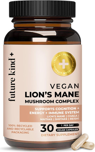Future Kind Vegan Lion s Mane Mushroom Complex - Brain Supplement with Chaga Maitake Shiitake & Reishi Supports Memory and Focus (30ct)