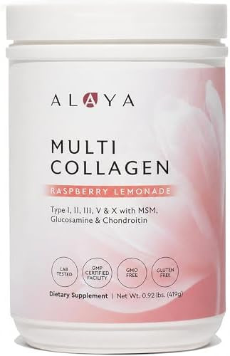 Alaya Multi Collagen Powder - Type I II III V X Hydrolyzed Collagen Peptides Protein Powder Supplement with MSM + GC (Raspberry Lemonade)