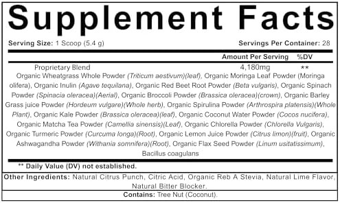 Super Greens Powder - Citrus Punch Flavor - Made with Organic Plant Ingredients Spirulina Prebiotic Fiber Probiotic Culture & Ashwagandha - 28 Servings - Third-Party Tested