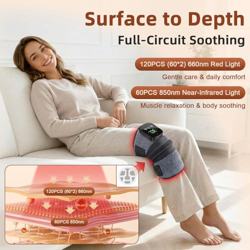Soqiplm Red Light Therapy Knee Massager With Heat & Vibration, 660Nm & 850Nm Infrared Light Therapy For Knee, 5000Mah Rechargeable Cordless Heated Knee Brace For Shoulder, Elbow, Leg
