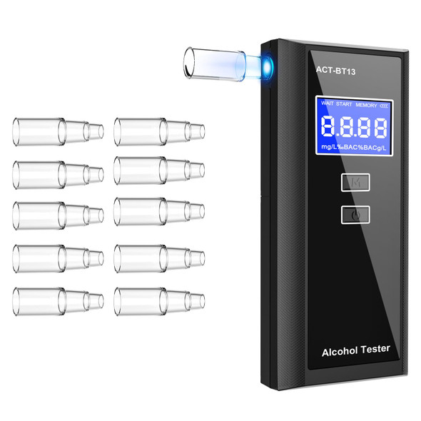 Amzeth Professional Breathalyzer Alcohol Tester: High-Accuracy Digital Lcd Display, Bac Alarm, 10 Mouthpieces, 50 Record Memory, Portable For Home & Party (Black With 10 Mouthpieces)