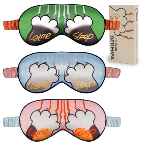 Bermifa Sleep Masks, Silky Satin Eye Masks For Sleeping,Effective Light Blocking Blindfold For Men Women, Cute Cat Paw Design, With No-Pressure Elastic Strap 3 Packs