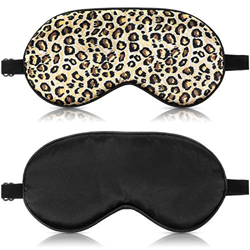 Geyoga Silk Sleeping Mask With Adjustable Strap-Silk Eye Mask Soft Eye Cover Blindfold Eyeshade With Leopard Print, For Blocking Out Lights Sweet Sleep Travel Relax, Nap, Meditation (Black) 2 Pieces