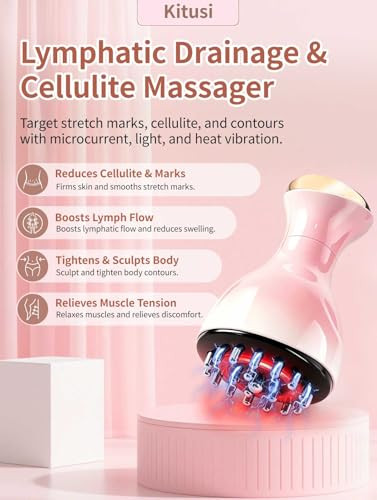 Kitusi Lymphatic Drainage Massager & Anti Cellulite Massage Tool, For Legs, Arms & Belly, Body,Helps Reduce Stretch Marks & Cellulite,With Microcurrent, Light Heat & Vibration - Pink
